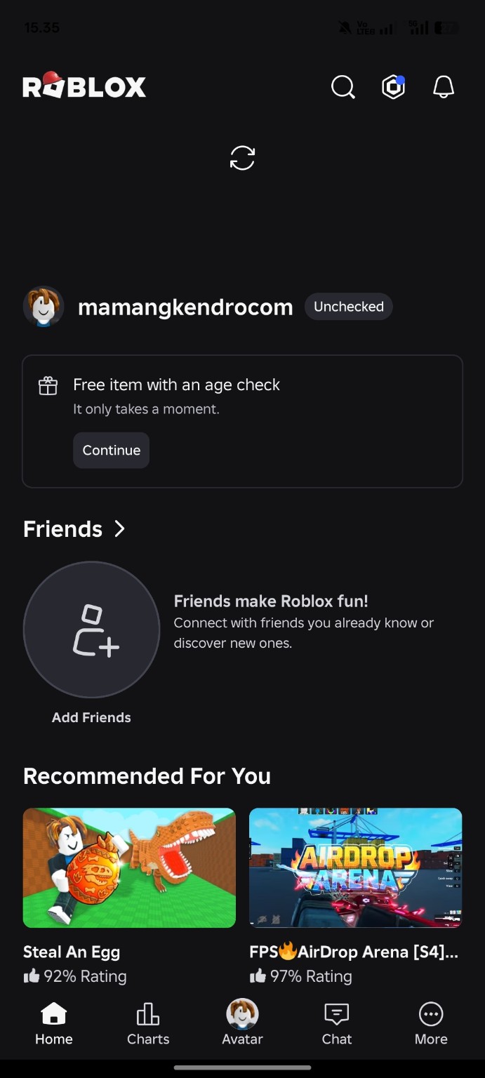 Halaman utama Roblox setelah akun baru berhasil dibuat