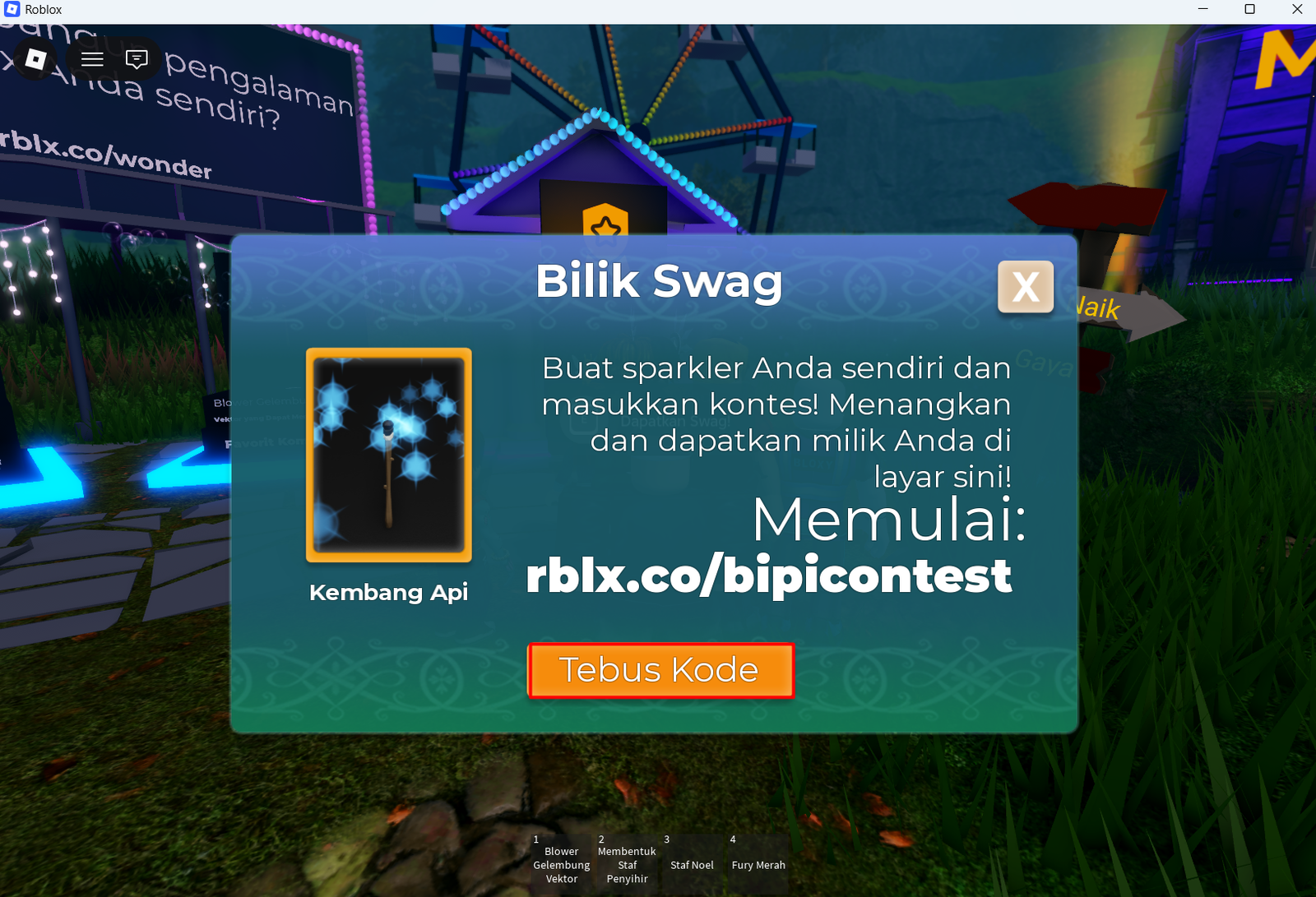 Tombol Tebus Kode pada jendela Bilik Swag di Mansion of Wonder