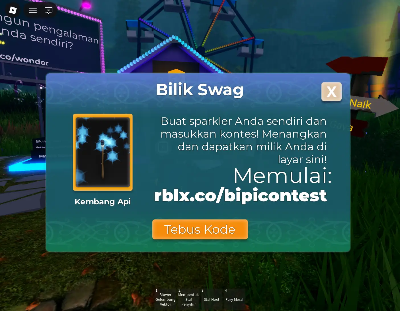 Jendela Bilik Swag di Mansion of Wonder dengan tombol Tebus Kode