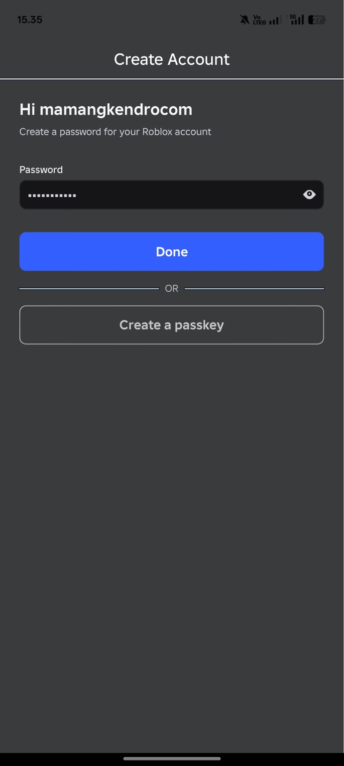 Halaman Create Account Roblox untuk membuat password atau menggunakan passkey