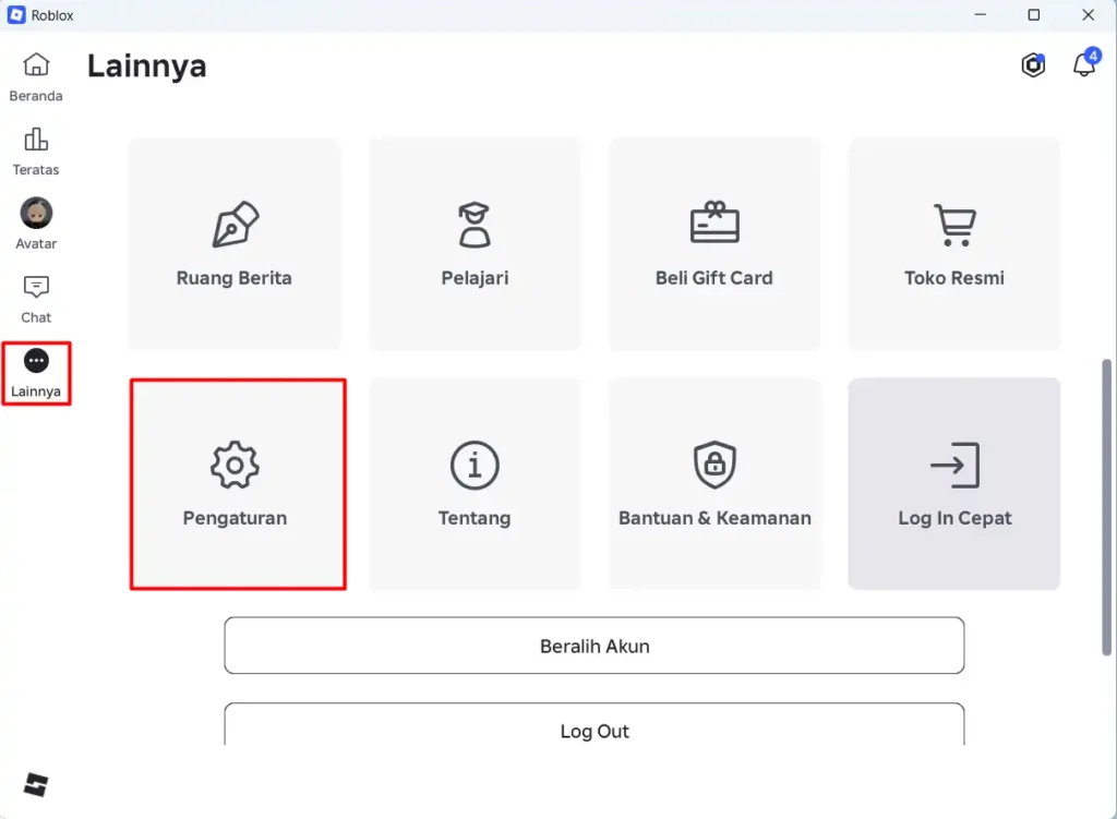 Membuka Pengaturan akun Roblox dari menu Lainnya
