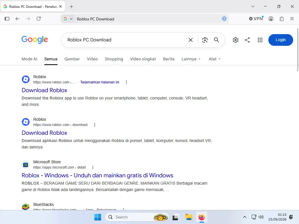 Hasil pencarian Google untuk download Roblox di PC dengan situs resmi Roblox