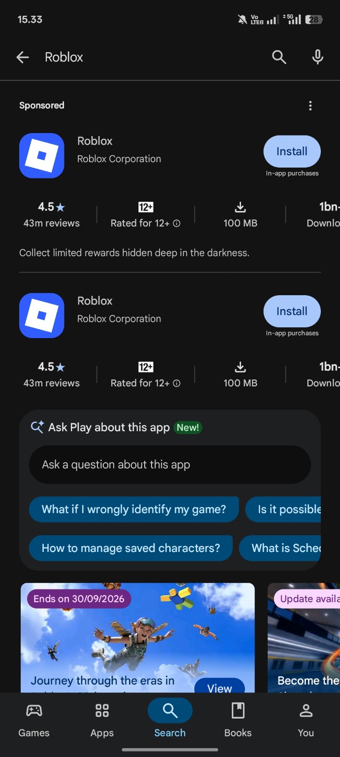 Halaman Roblox di Google Play dengan tombol Install untuk memasang Roblox di HP Android