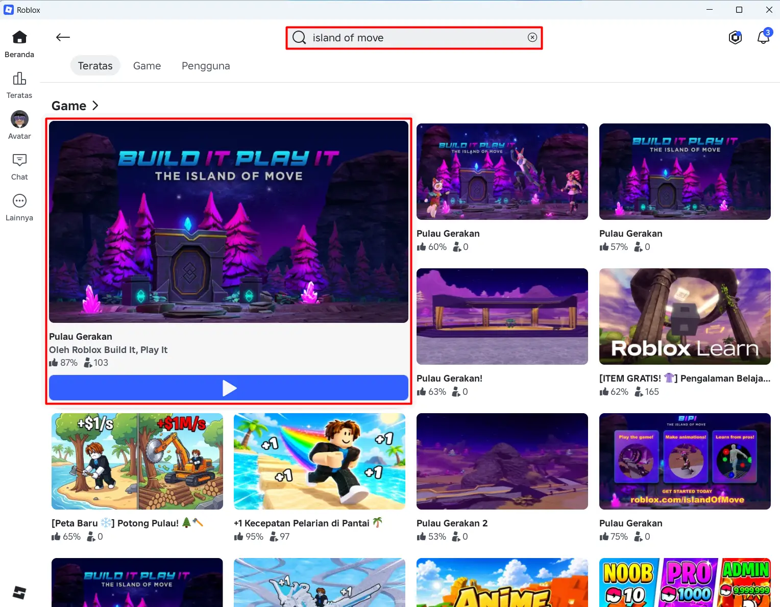 Hasil pencarian Island of Move di Roblox dengan game Build It Play It ditandai