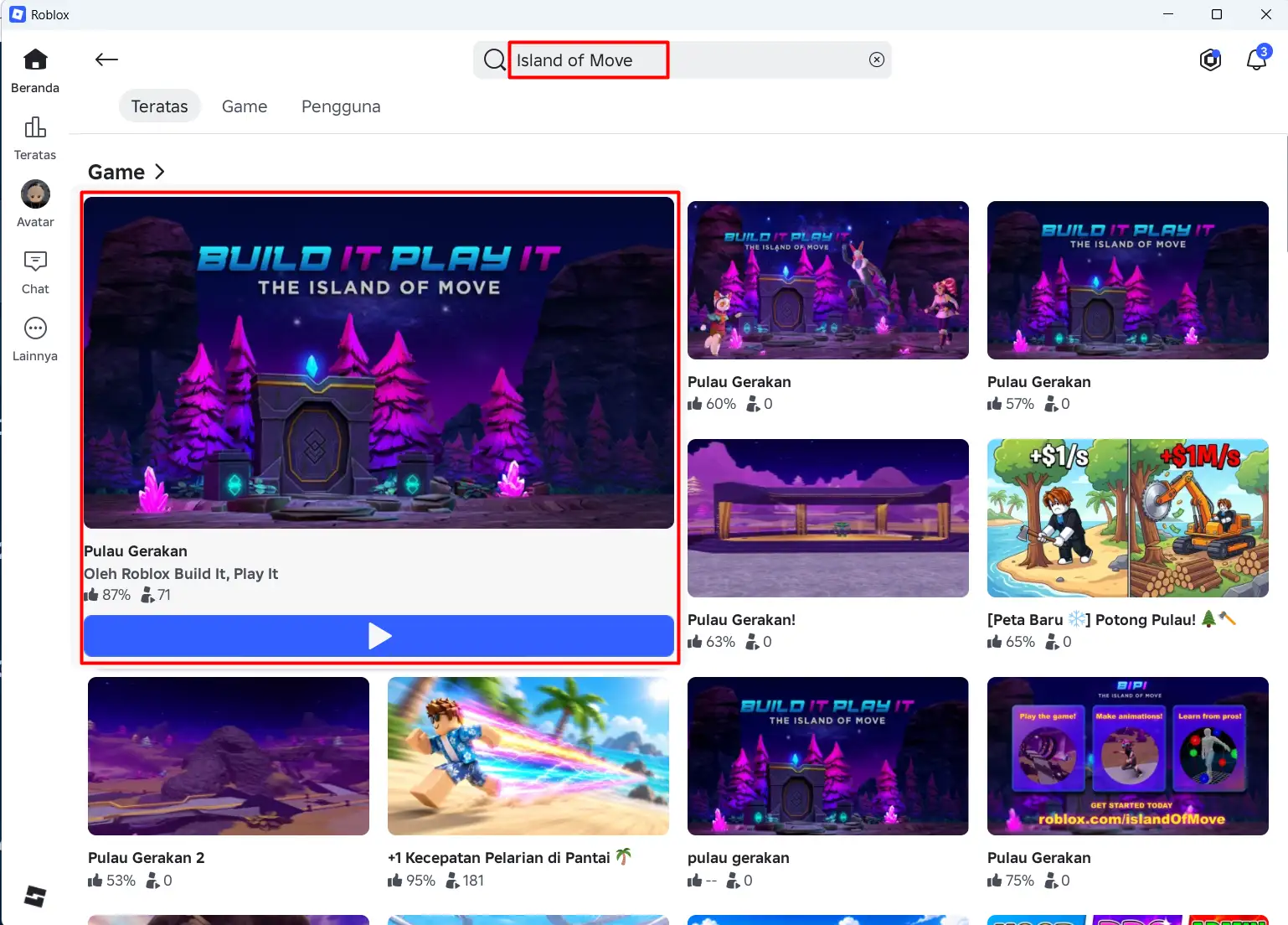 Hasil pencarian Island of Move di Roblox dengan game Build It Play It ditandai