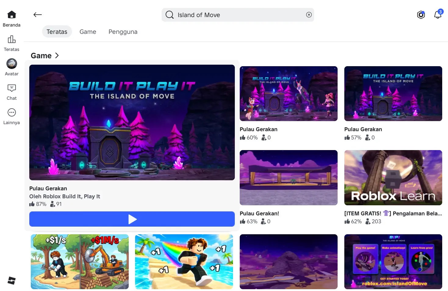 Hasil pencarian Island of Move di Roblox menampilkan game Build It Play It