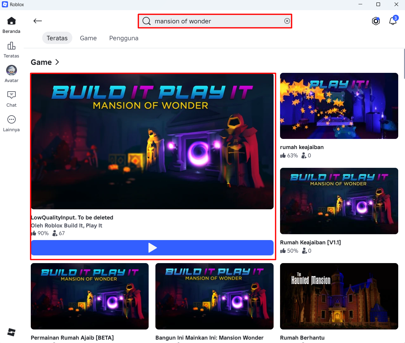 Hasil pencarian Mansion of Wonder di Roblox dengan game Build It Play It ditandai