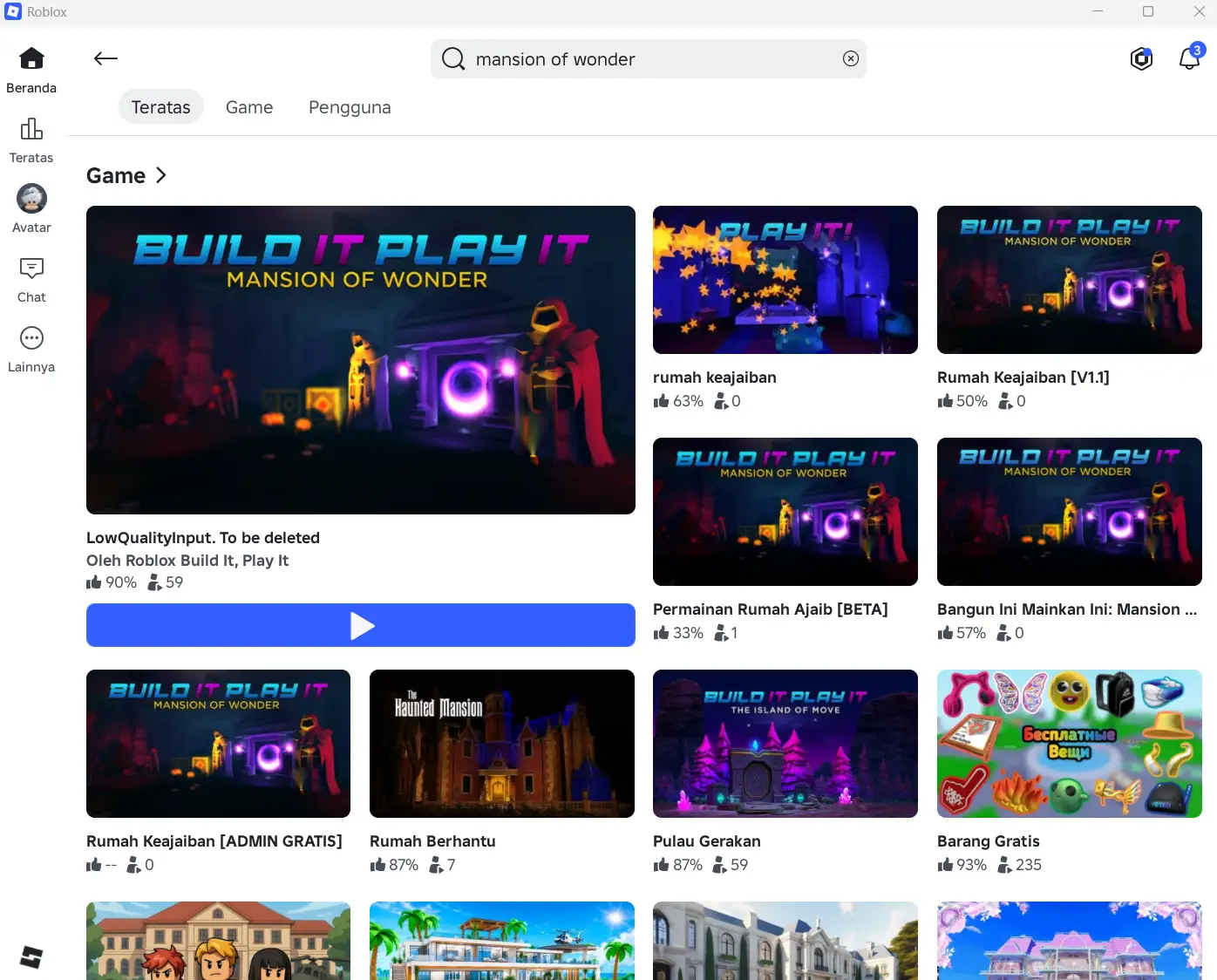 Hasil pencarian Mansion of Wonder di Roblox menampilkan game Build It Play It