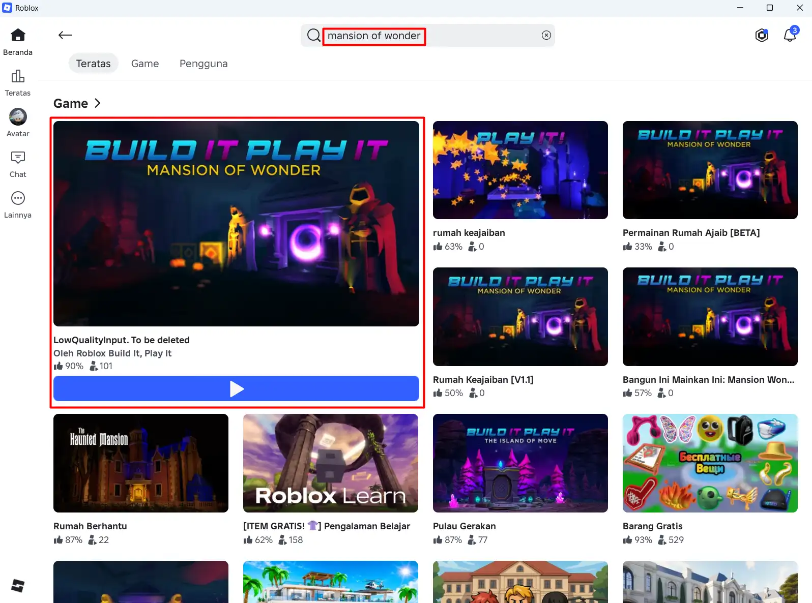 Hasil pencarian Mansion of Wonder di Roblox dengan game resmi ditandai