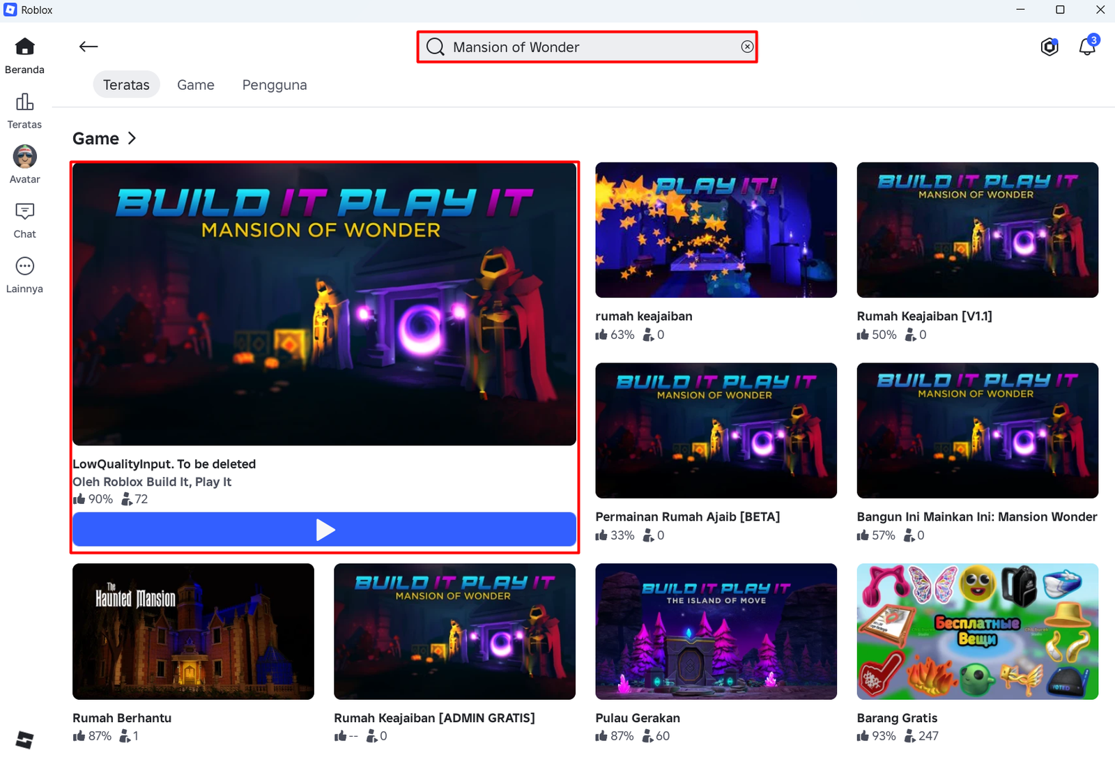 Hasil pencarian Mansion of Wonder di Roblox dengan game resmi Build It Play It ditandai