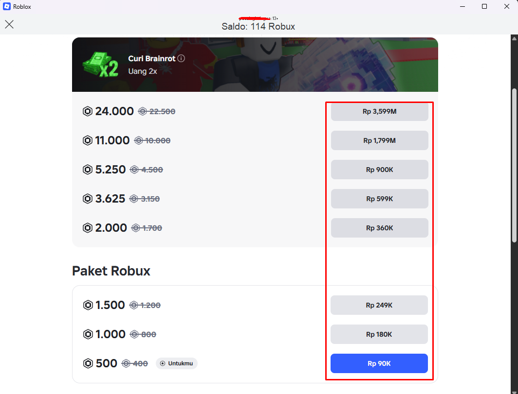 Pilihan paket Robux beserta harganya dalam rupiah di halaman pembelian aplikasi Roblox