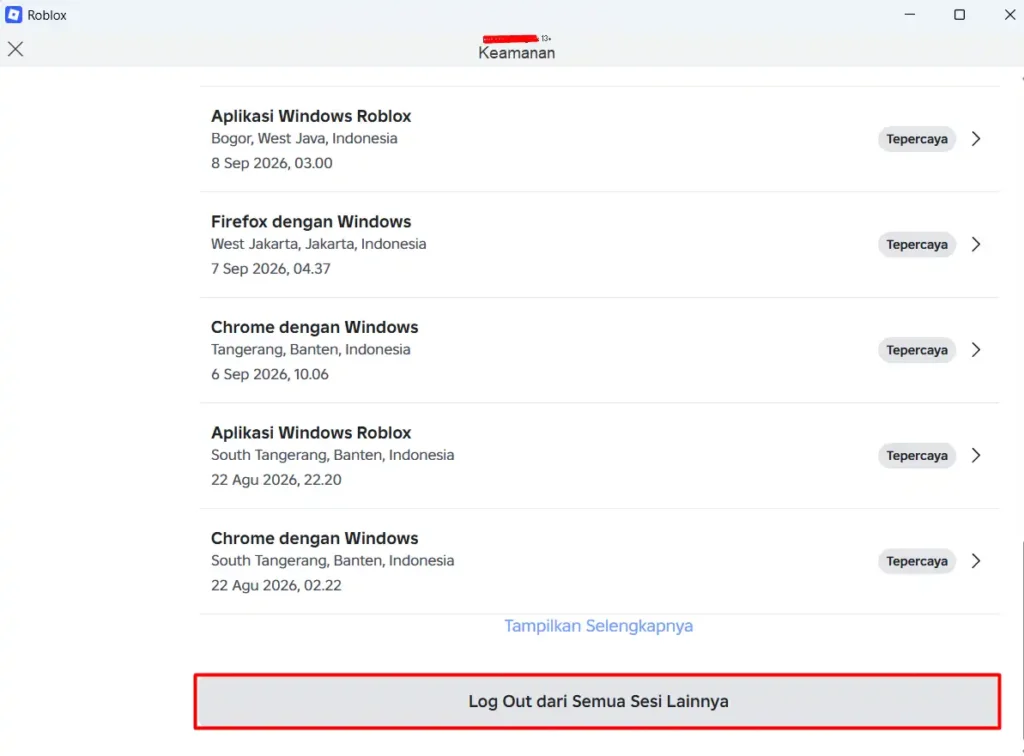 Daftar sesi login dan tombol Log Out dari Semua Sesi Lainnya di Roblox