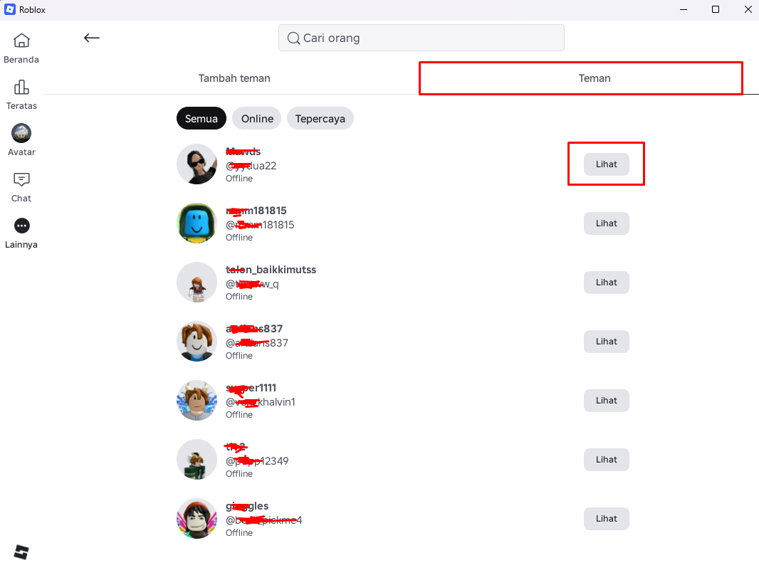 Daftar teman di Roblox dengan tombol Lihat ditandai