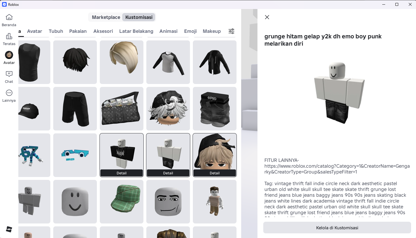 Panel detail item celana bergaya grunge di layar Kustomisasi avatar Roblox