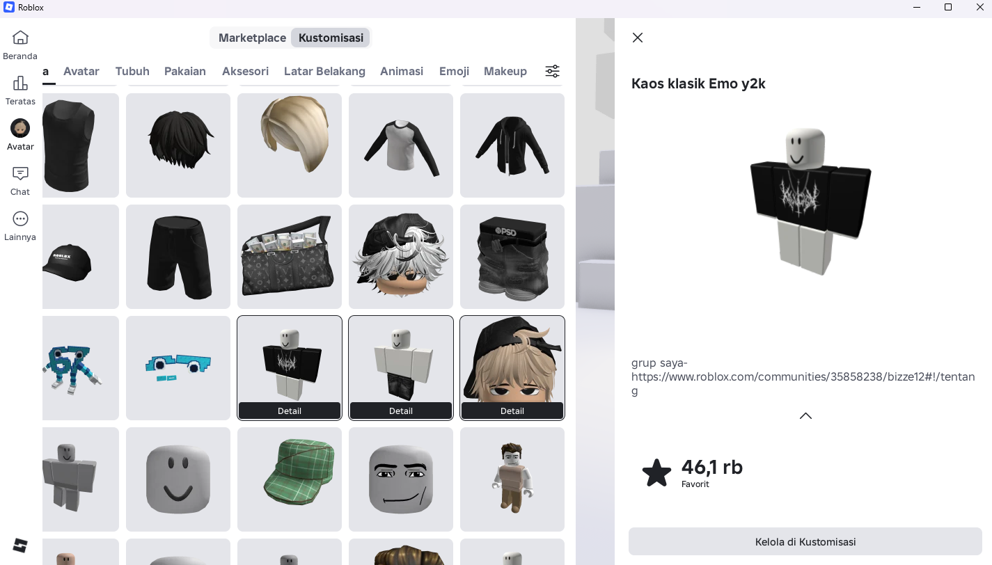 Panel detail item Kaos klasik Emo y2k di layar Kustomisasi Roblox beserta jumlah favorit