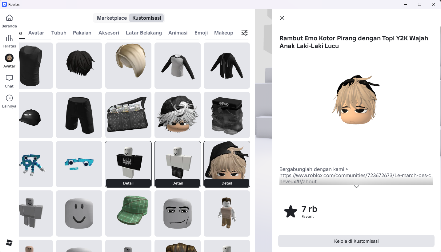Panel detail item rambut pirang dengan topi di layar Kustomisasi avatar Roblox