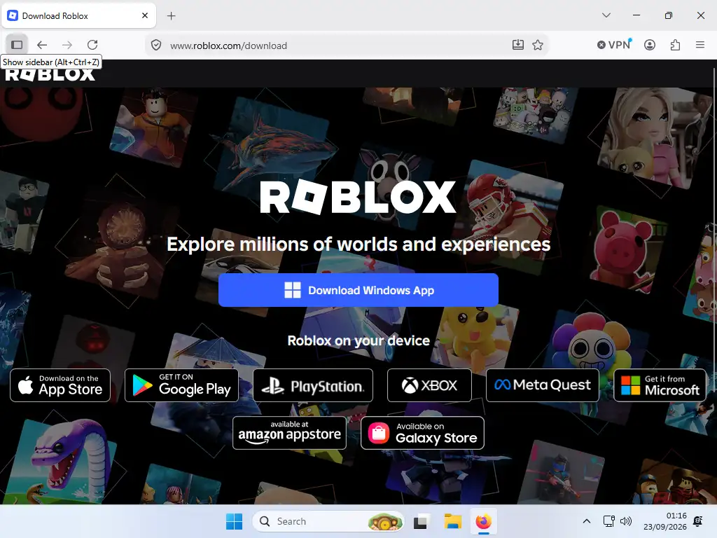 Halaman resmi Download Roblox dengan tombol Download Windows App