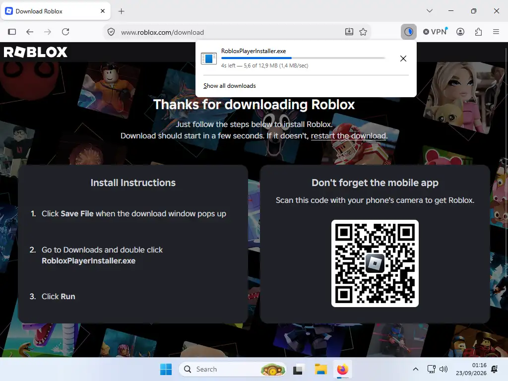 Proses download file RobloxPlayerInstaller.exe dari situs resmi Roblox