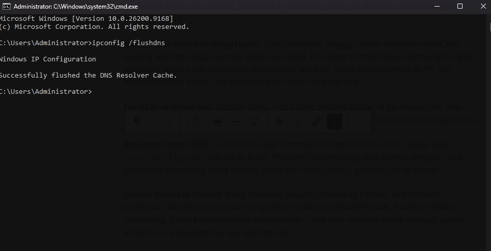 Perintah ipconfig /flushdns di Command Prompt Windows