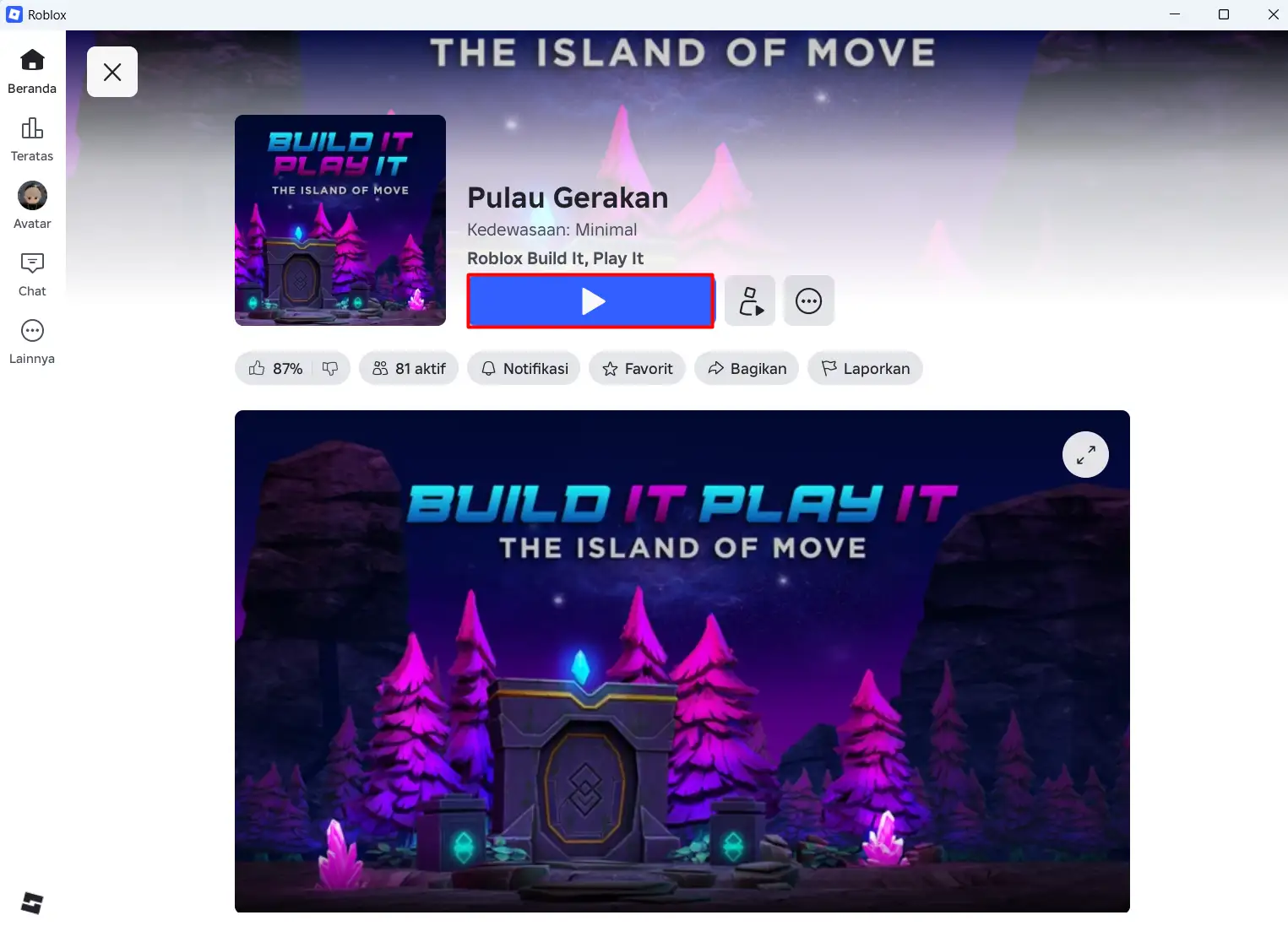 Halaman game Pulau Gerakan di Roblox dengan tombol mulai bermain ditandai