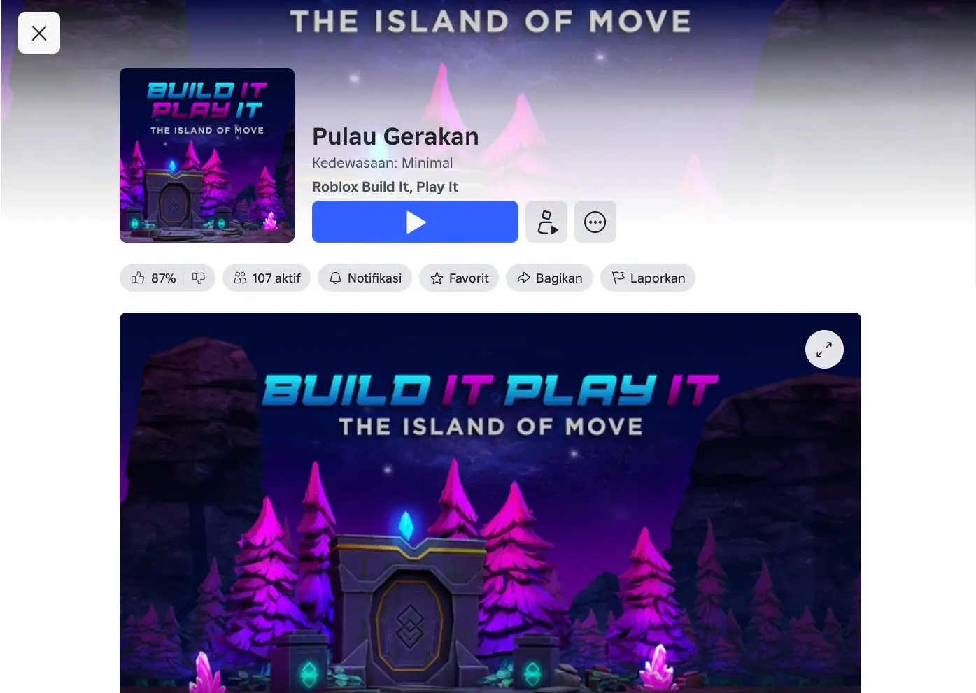 Halaman game Island of Move di Roblox dengan tombol untuk mulai bermain