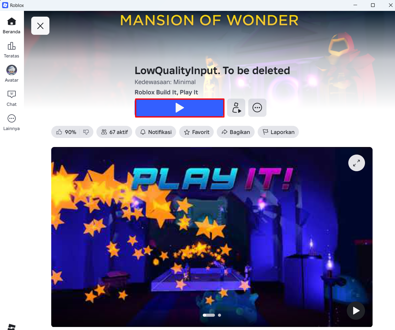Halaman game Mansion of Wonder dengan judul LowQualityInput dan tombol main ditandai
