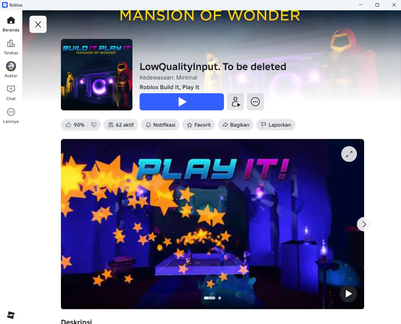Halaman game Mansion of Wonder di Roblox buatan Roblox Build It Play It