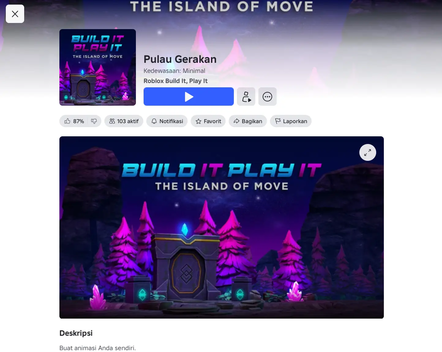 Halaman game Pulau Gerakan di Roblox buatan Roblox Build It Play It