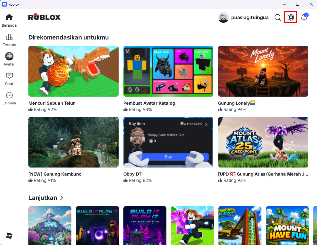 Tampilan Beranda aplikasi Roblox di PC dengan ikon Robux di kanan atas untuk membuka halaman pembelian