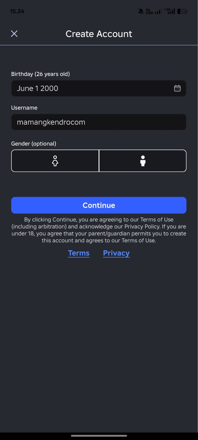 Formulir Create Account Roblox untuk mengisi tanggal lahir dan username
