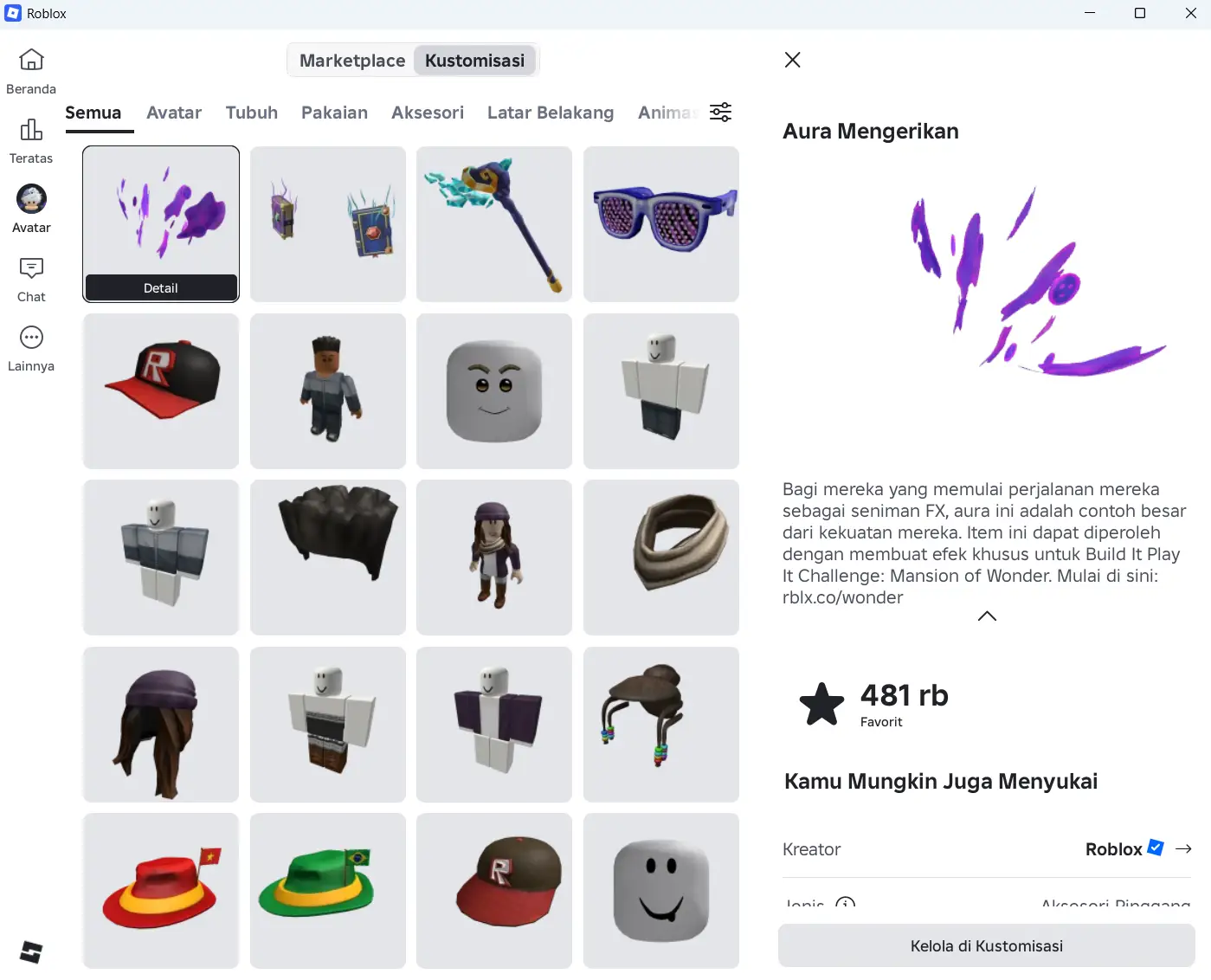 Ghastly Aura hasil kode THINGSGOBOOM pada tampilan kustomisasi avatar Roblox