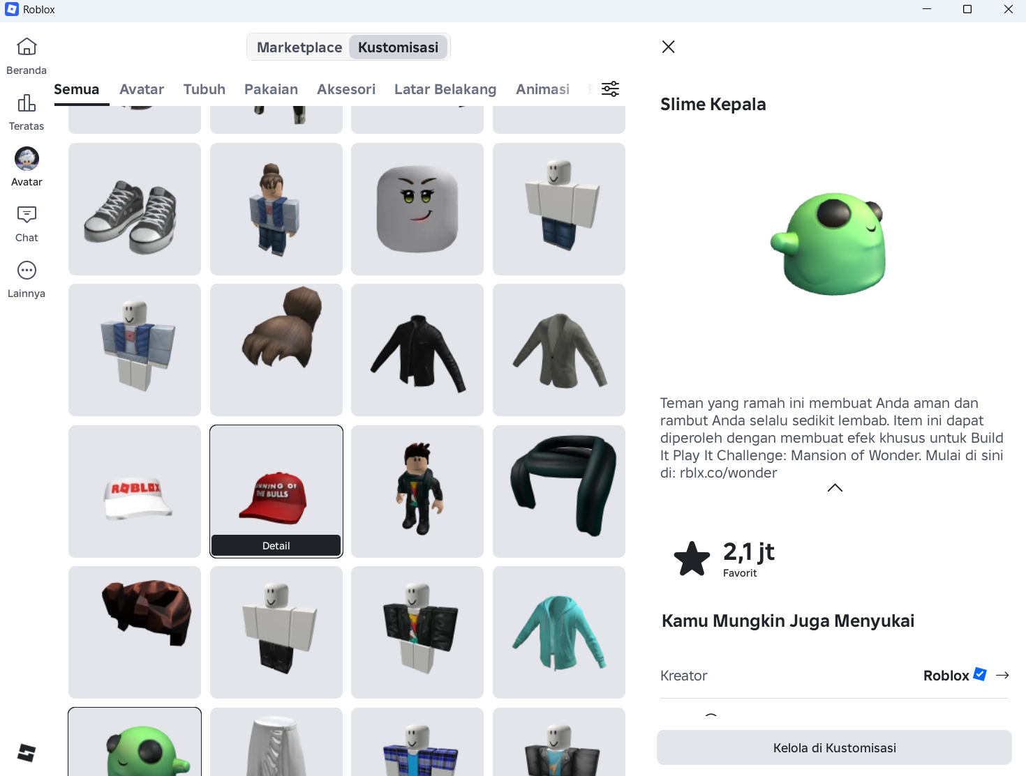 Head Slime hasil kode Glimmer pada tampilan kustomisasi avatar Roblox