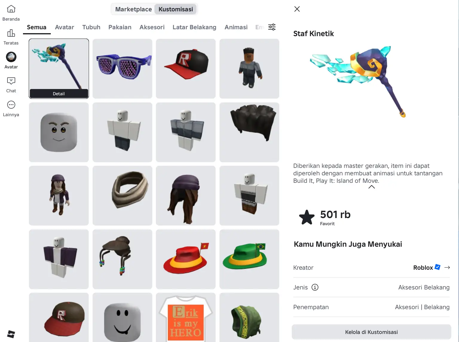 Kinetic Staff hasil kode DIY pada tampilan kustomisasi avatar Roblox