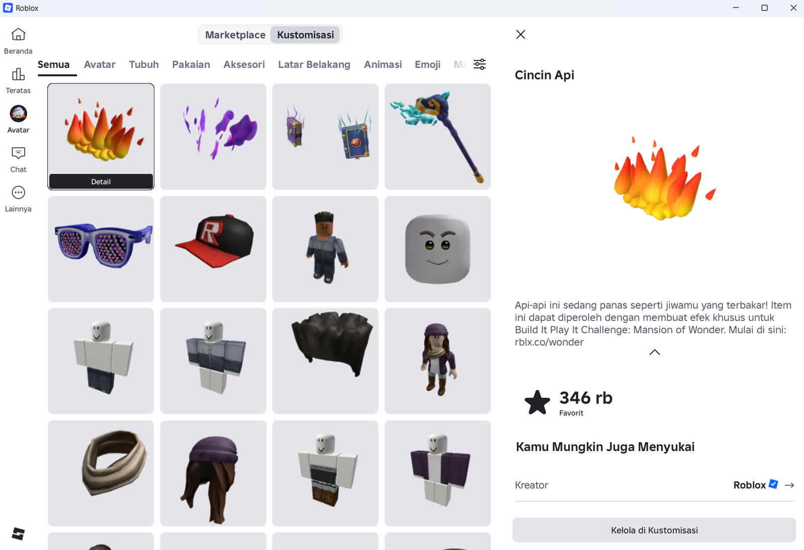 Ring of Flames hasil kode BOARDWALK pada tampilan kustomisasi avatar Roblox