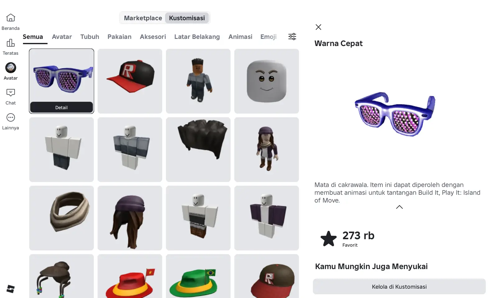 Kacamata Speedy Shades hasil kode GetMoving pada tampilan kustomisasi avatar Roblox