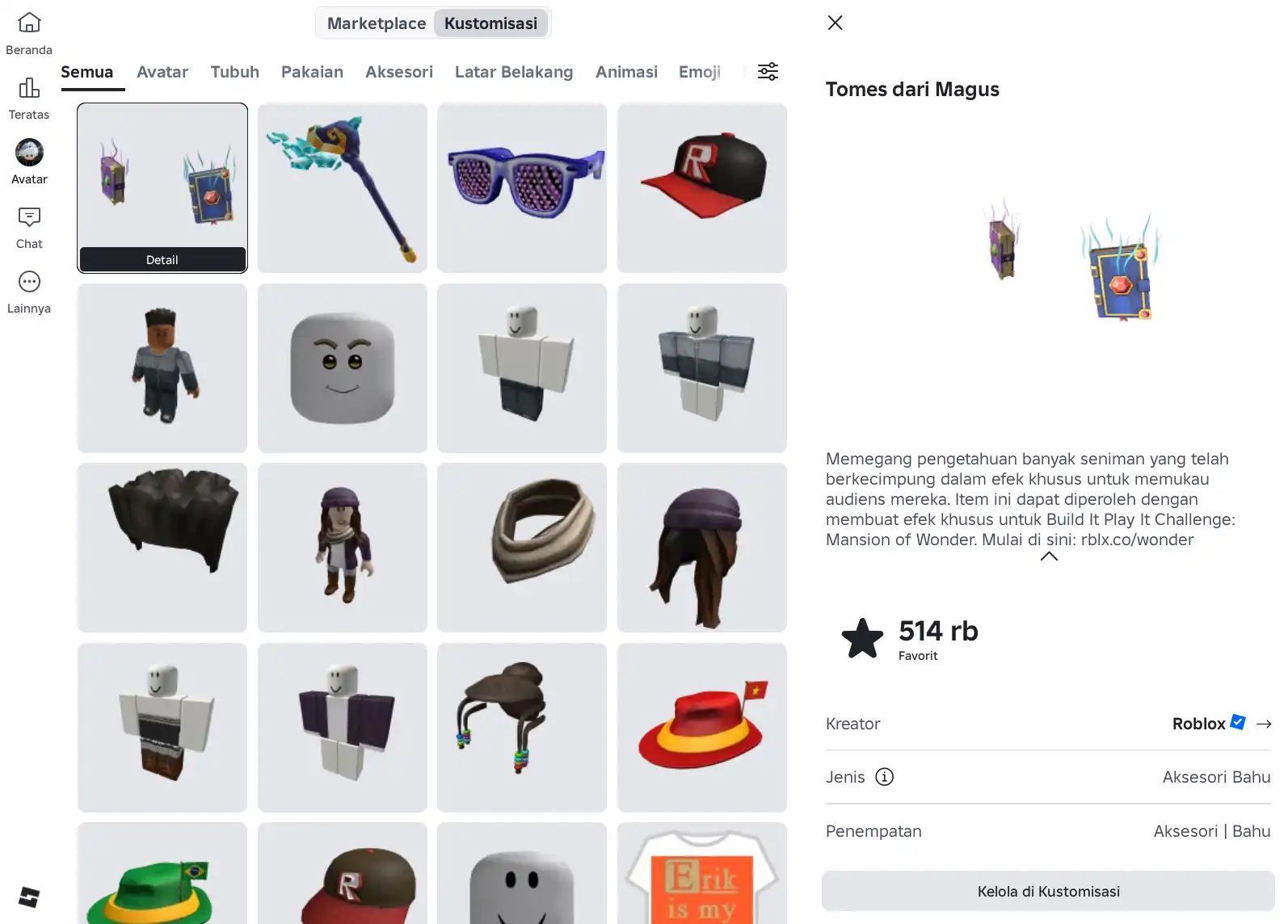 Tome of the Magus hasil kode PARTICLEWIZARD pada tampilan kustomisasi avatar Roblox