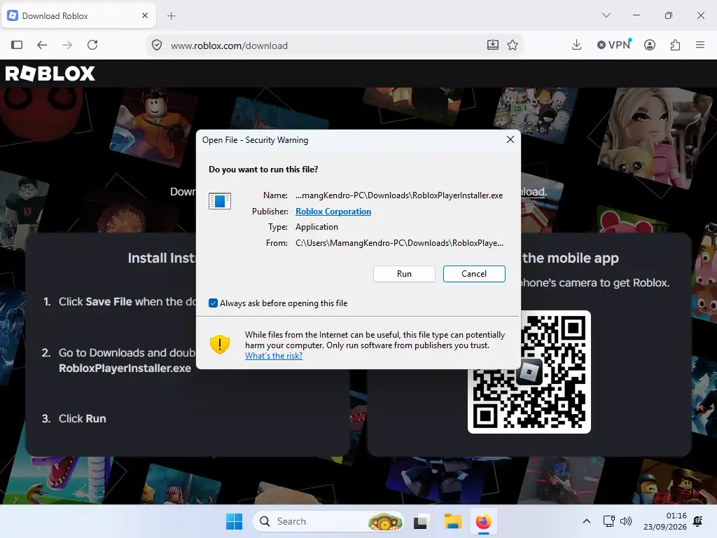 Jendela Windows untuk menjalankan file RobloxPlayerInstaller.exe dari Roblox Corporation