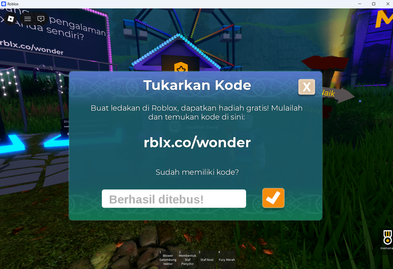 Notifikasi Berhasil ditebus setelah menukarkan kode BOARDWALK di Roblox