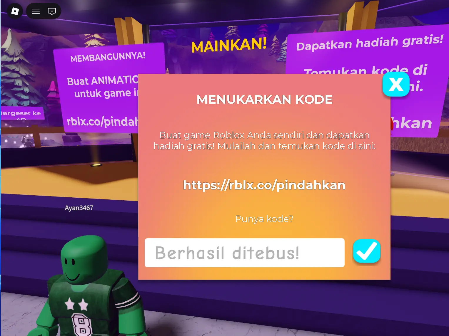 Notifikasi Berhasil ditebus setelah menukarkan kode DIY di Roblox
