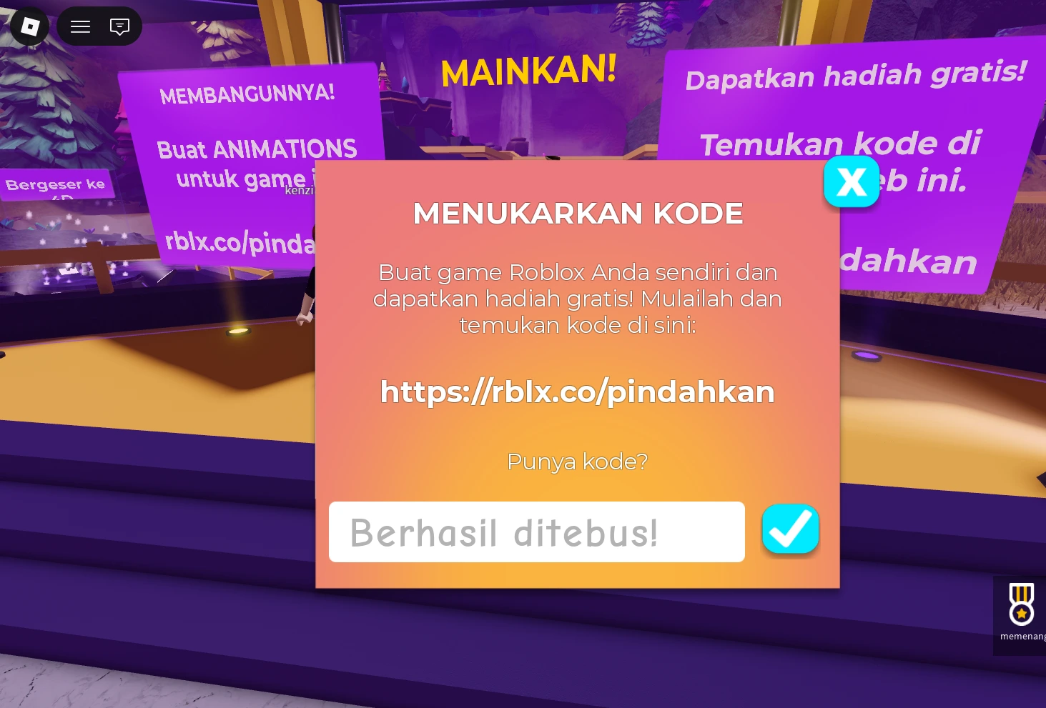 Notifikasi Berhasil ditebus setelah menukarkan kode GetMoving di Roblox