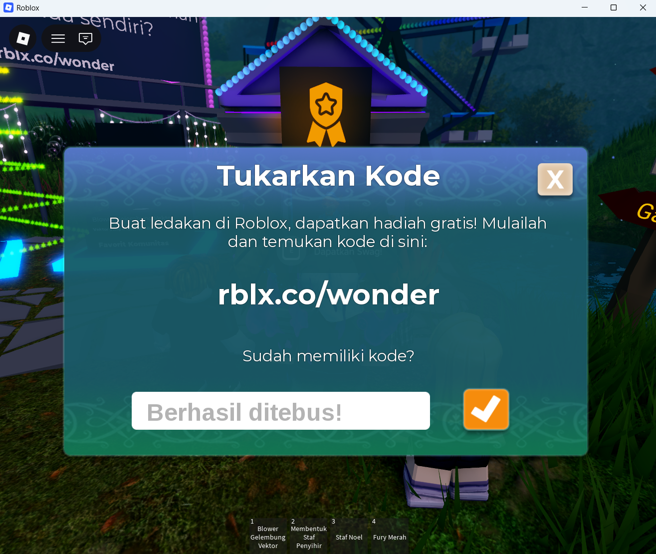 Notifikasi Berhasil ditebus setelah menukarkan kode Glimmer di Roblox