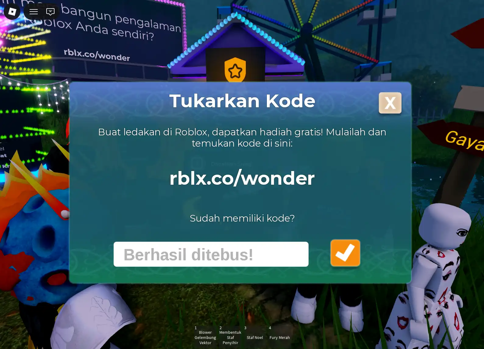 Notifikasi Berhasil ditebus setelah menukarkan kode PARTICLEWIZARD di Roblox