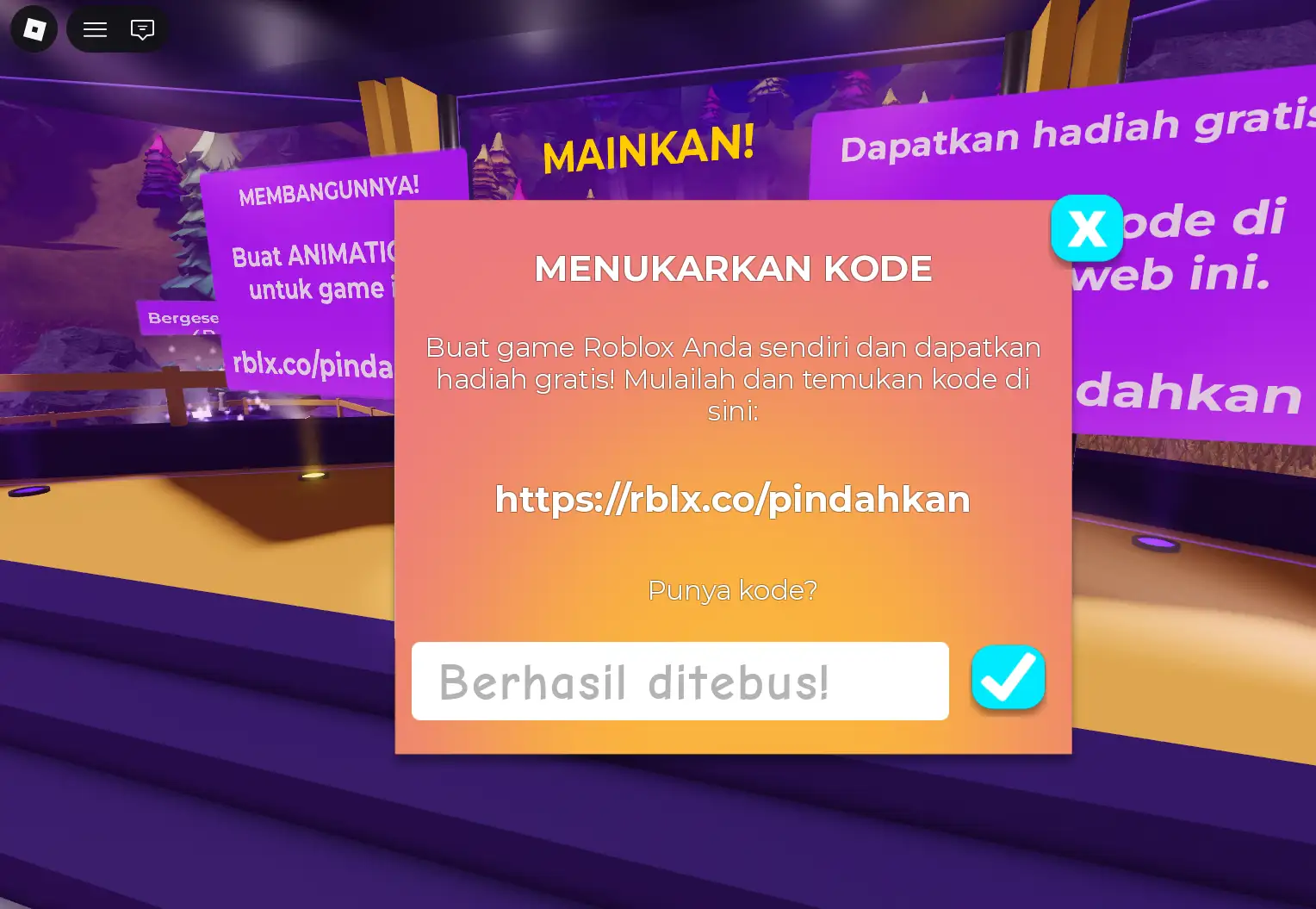 Notifikasi Berhasil ditebus setelah menukarkan kode SettingTheStage di Roblox