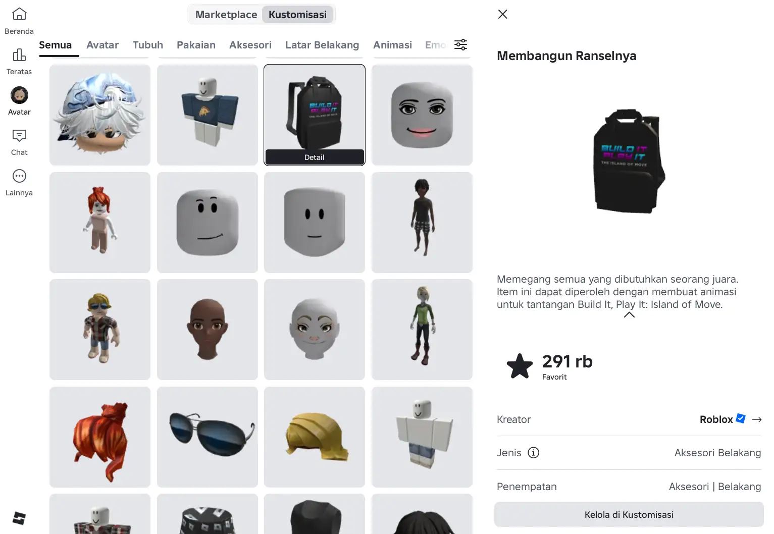 Build It Backpack hasil kode SettingTheStage pada tampilan kustomisasi avatar Roblox