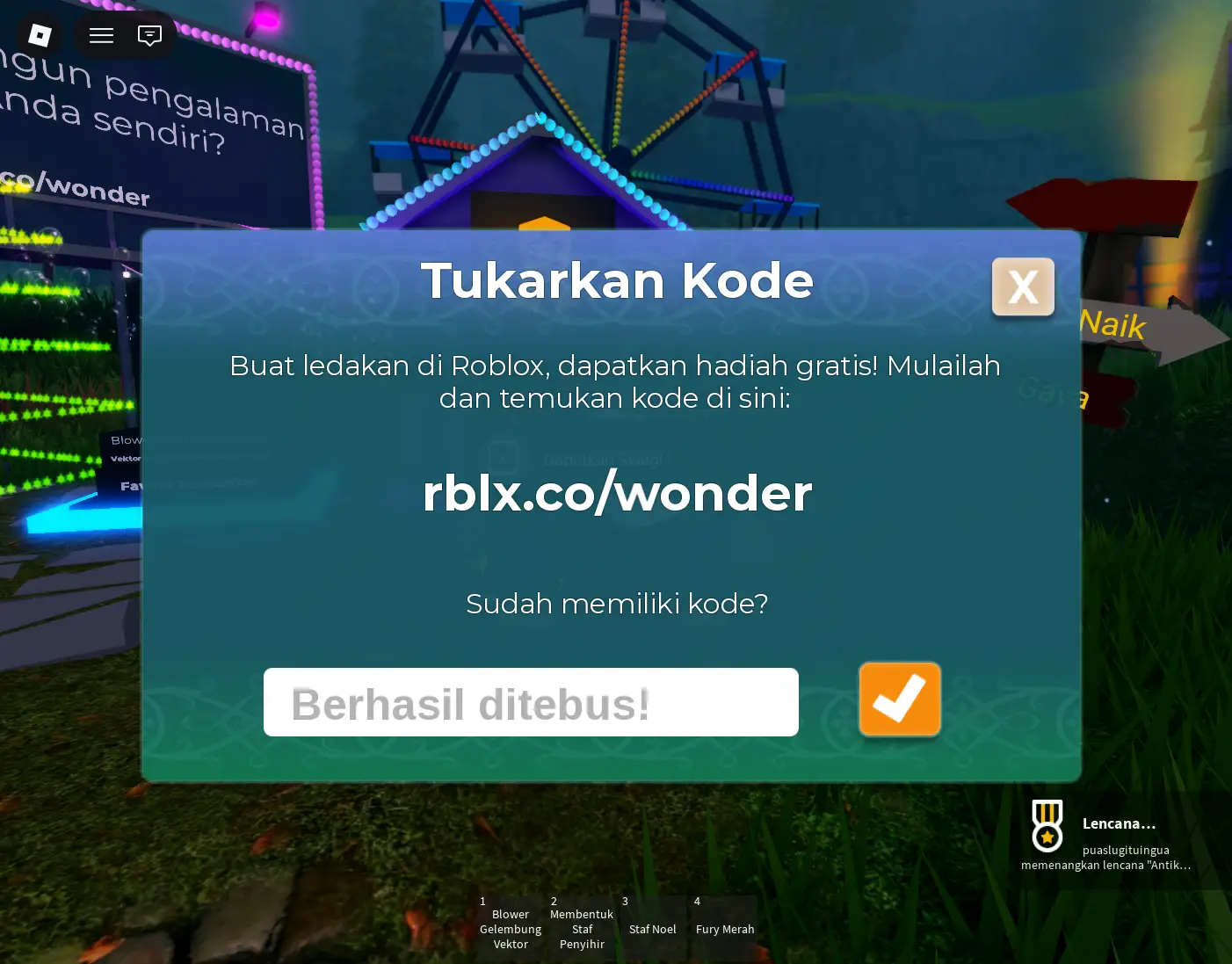 Notifikasi Berhasil ditebus setelah menukarkan kode THINGSGOBOOM di Roblox