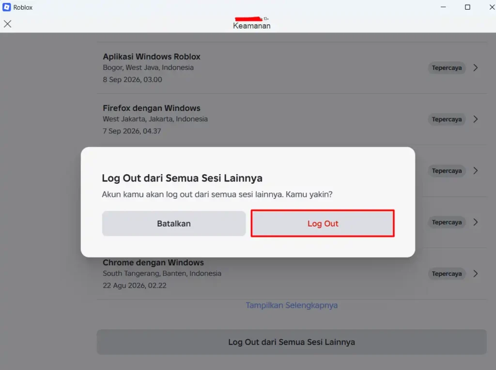 Konfirmasi Log Out dari Semua Sesi Lainnya di Roblox