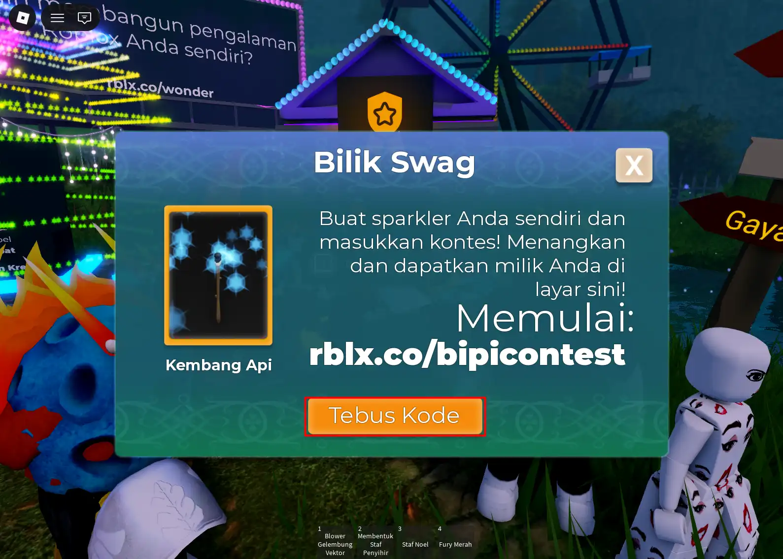 Jendela Bilik Swag di Mansion of Wonder dengan tombol Tebus Kode ditandai