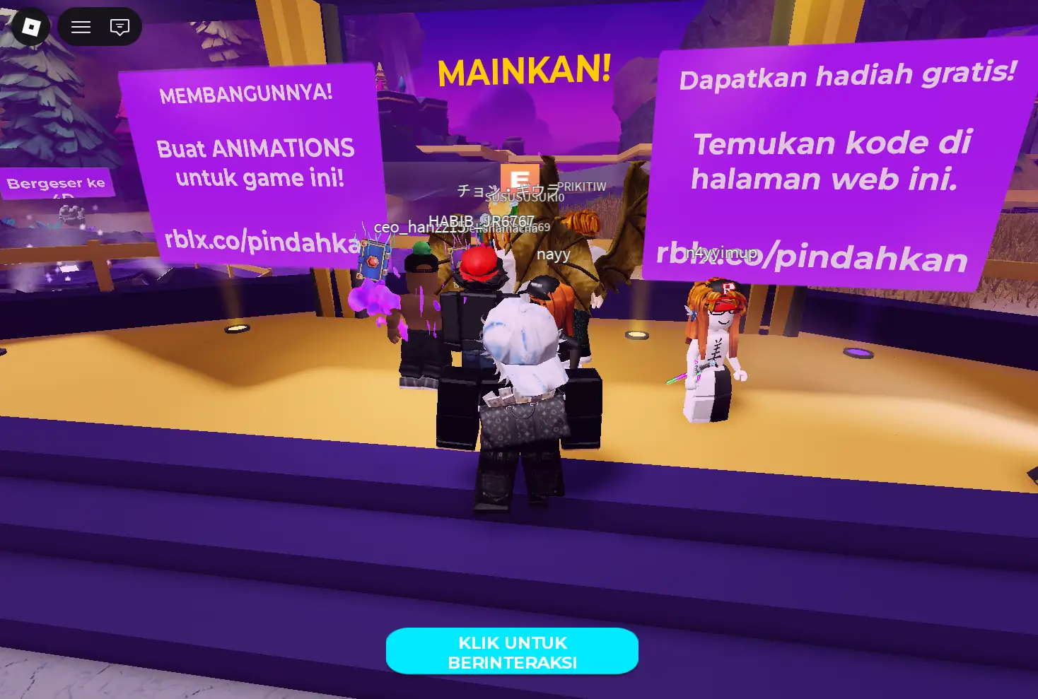 Area awal Island of Move dengan papan petunjuk dan tombol Klik untuk Berinteraksi