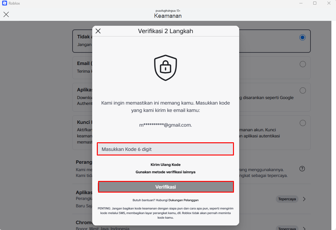 Kolom kode 6 digit untuk mengaktifkan Verifikasi 2 Langkah lewat email di Roblox
