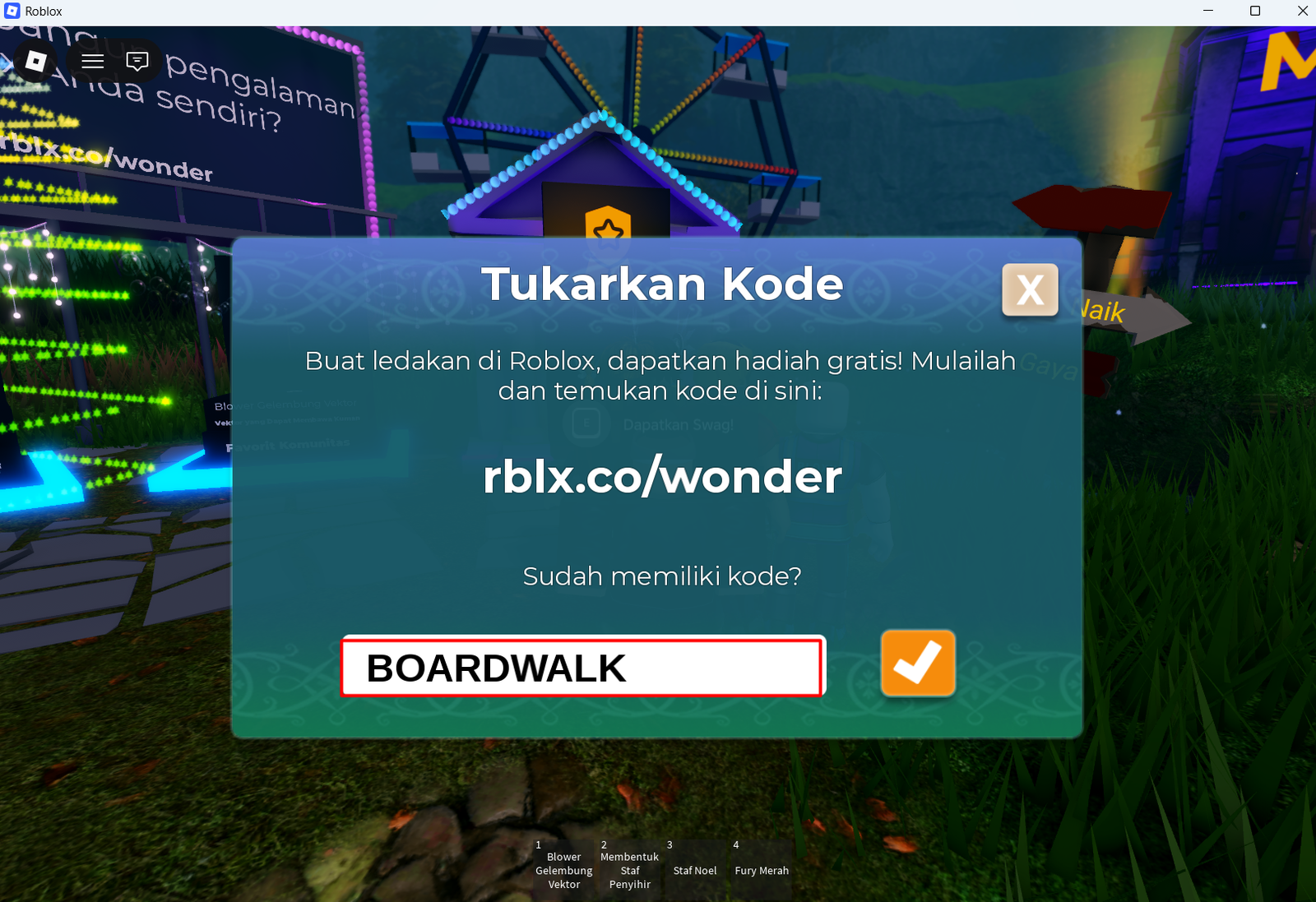 Kode BOARDWALK diketik pada kolom Tukarkan Kode di Mansion of Wonder